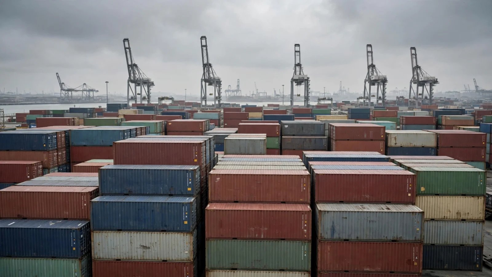 Rows of stacked shipping containers at a port with tall cranes behind them under a cloudy sky