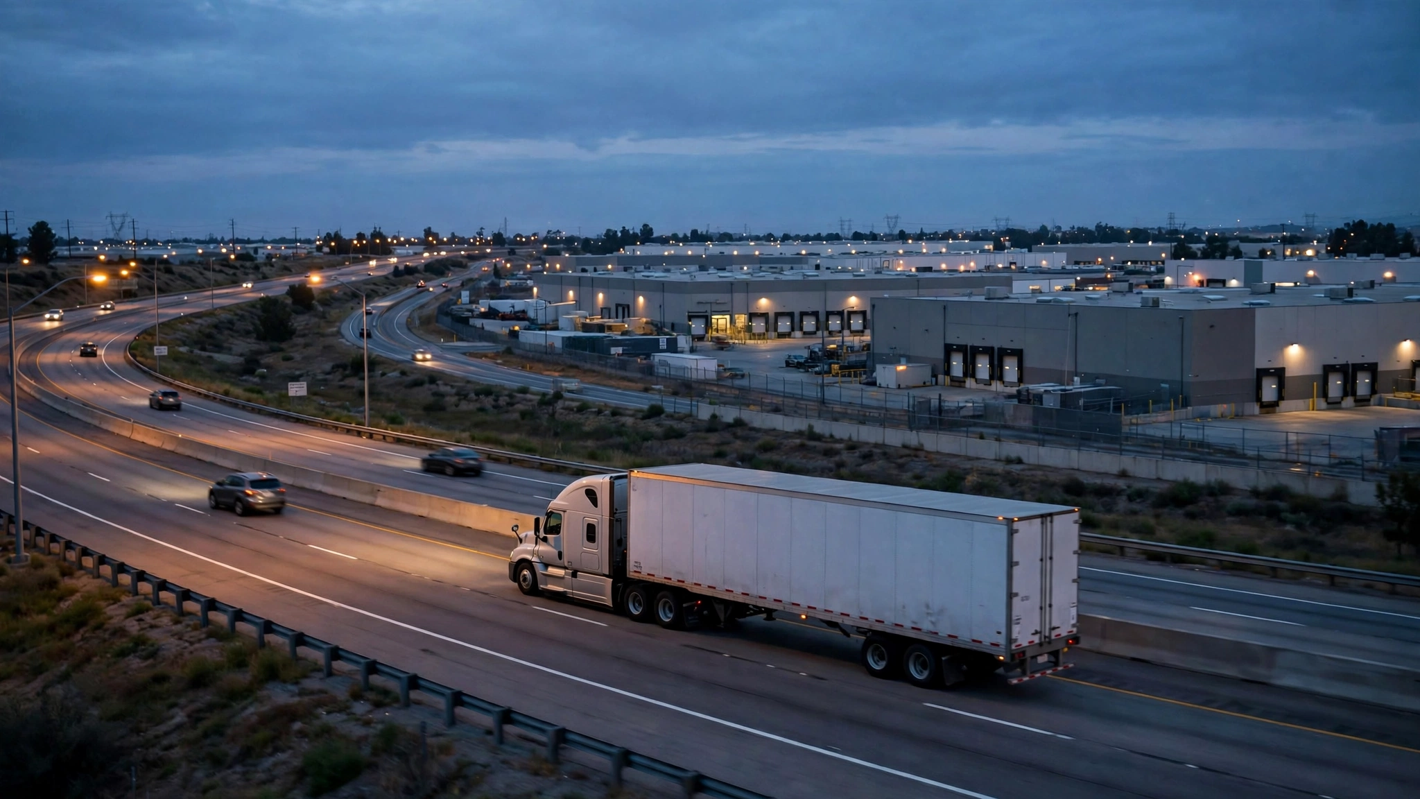 A white freight truck driving on a highway beside warehouse buildings at dusk