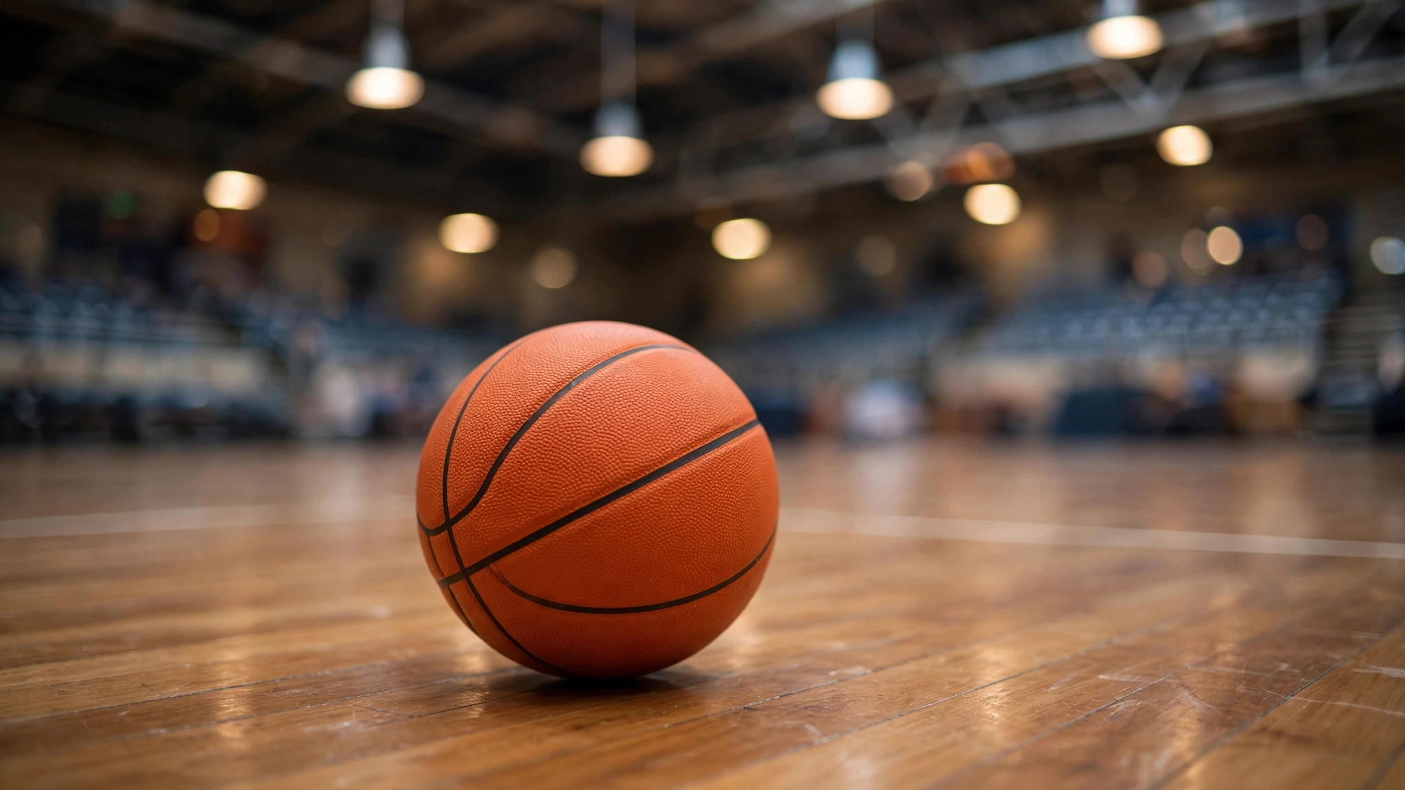 An orange basketball resting on a polished hardwood court inside an arena.