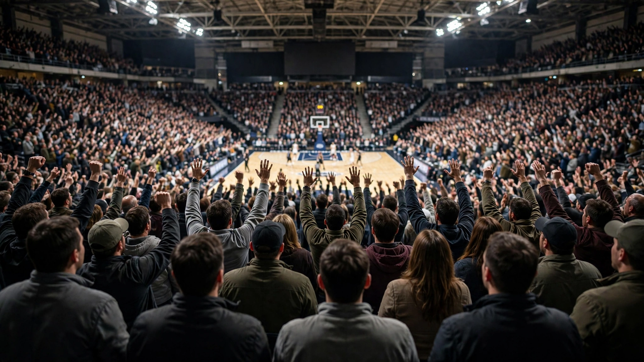 A large arena crowd cheering with raised hands during a basketball game.
