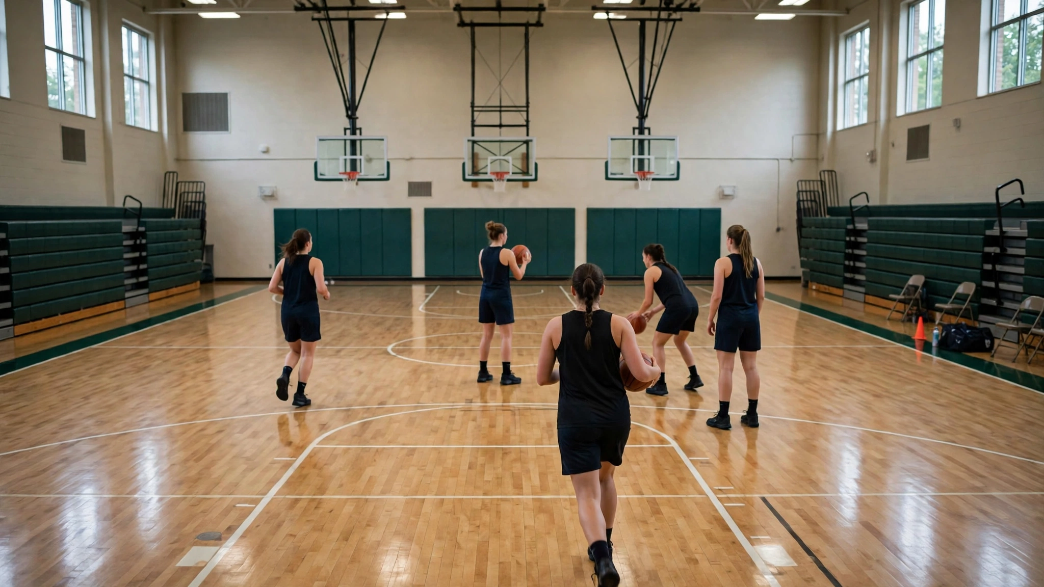 Women basketball players in plain dark uniforms practicing on an indoor court.
