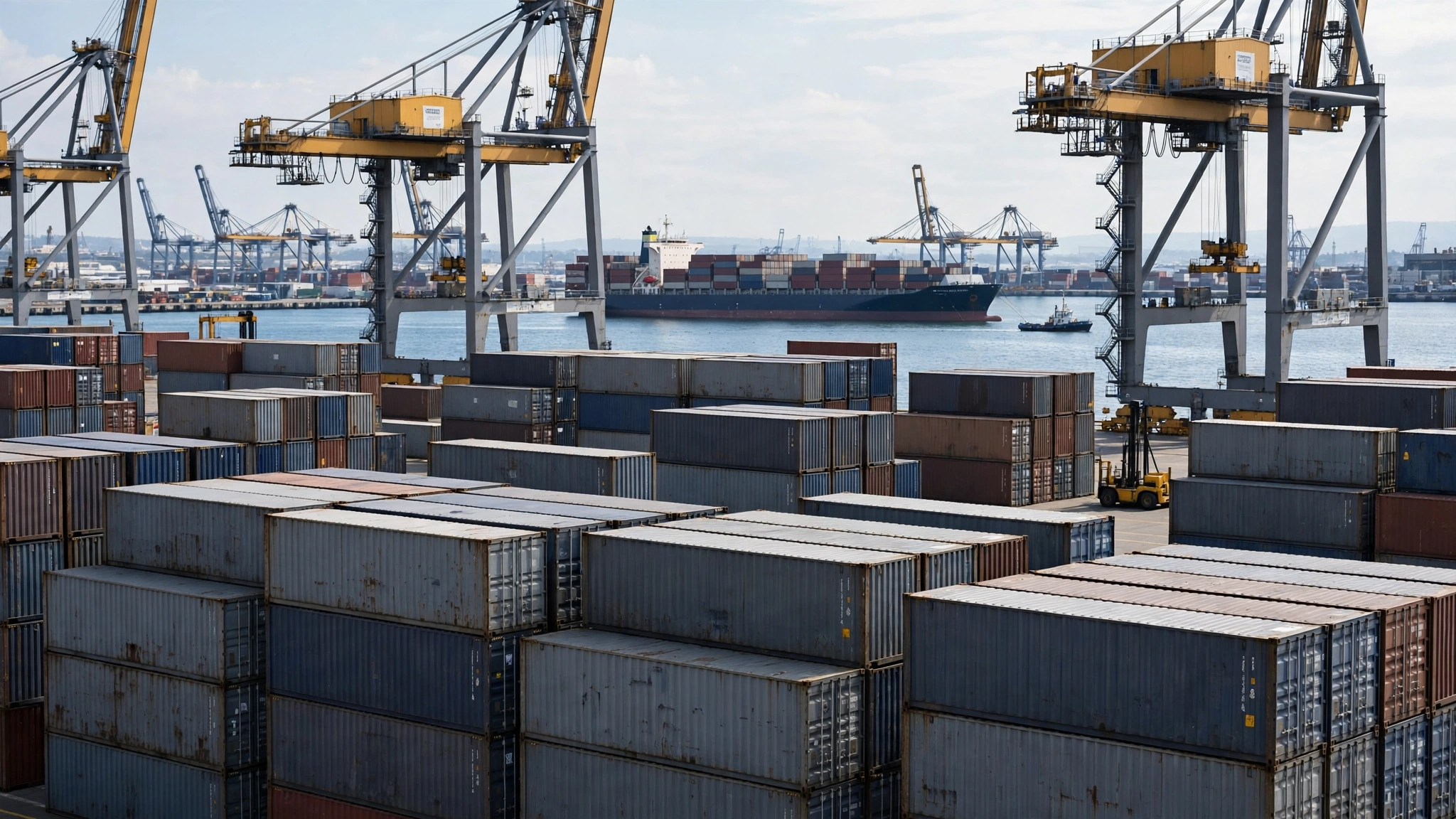 Stacked shipping containers and cranes at a seaport, with a container ship in the background