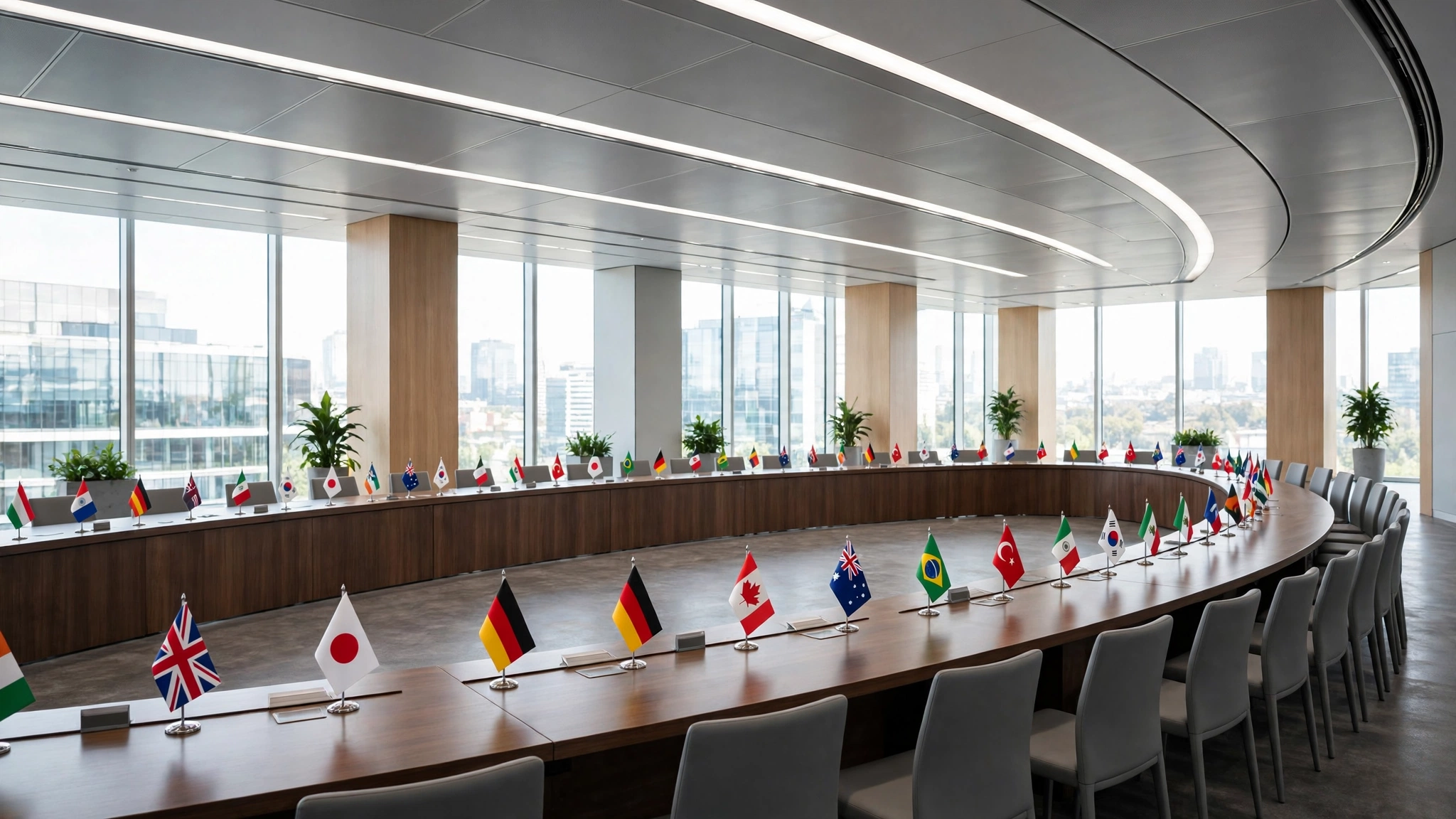 An empty conference hall with a long curved table, chairs, and small national flags