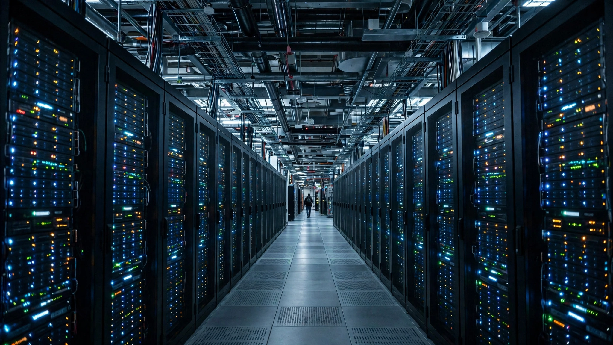 Rows of server racks with blinking lights in a data hall, with a person walking in the distance