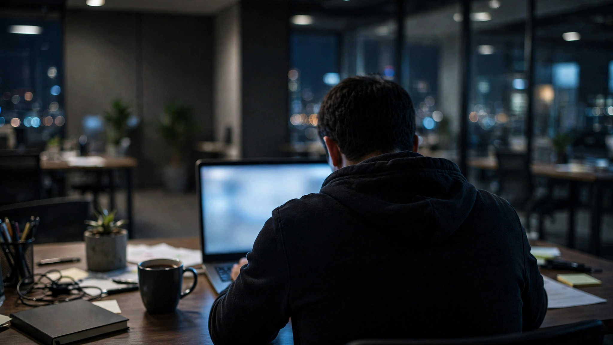 A person seen from behind working at a laptop in a dim office at night