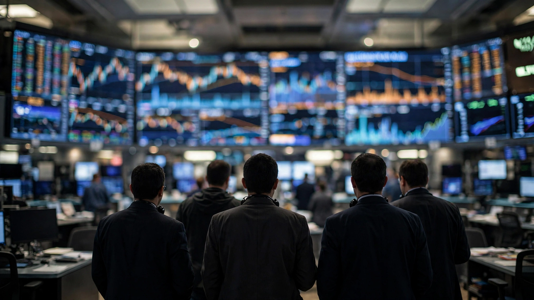 Traders seen from behind watching large blurred market screens on a trading floor