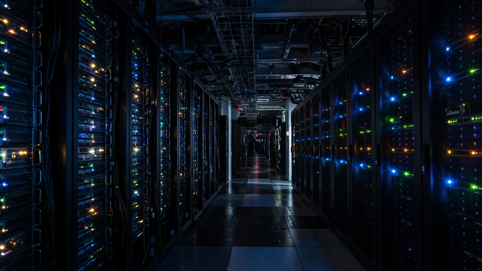 A corridor between rows of server racks with blinking lights in a dark data center