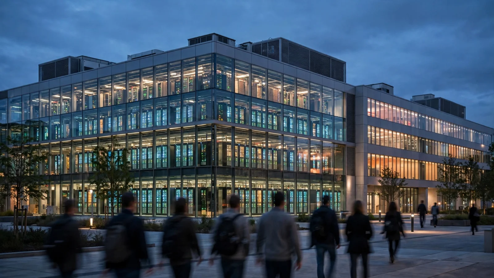 A modern glass data center building at dusk with illuminated server racks visible inside and people walking in the foreground with their backs to the camera