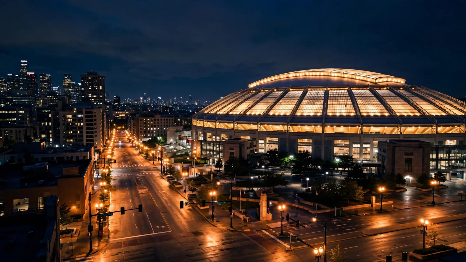 A large domed stadium lit up at night beside a city skyline
