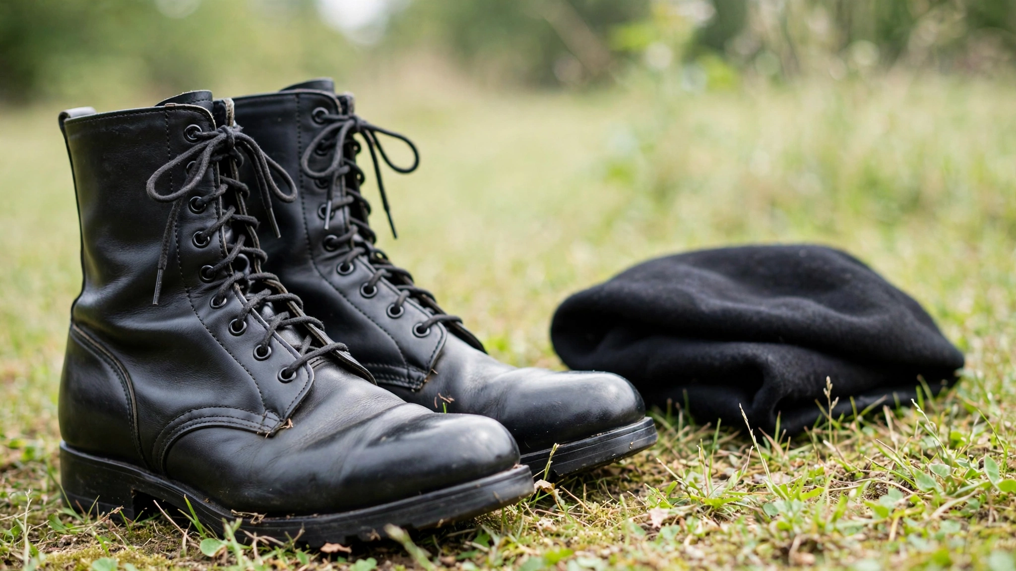 A pair of black military dress boots and a folded cap placed on grass as a tribute