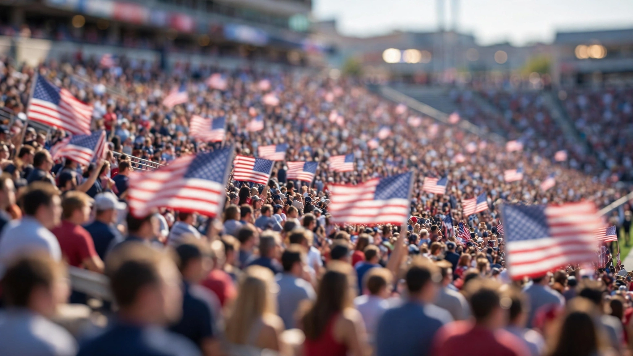 A large college football crowd in stadium seats waving American flags