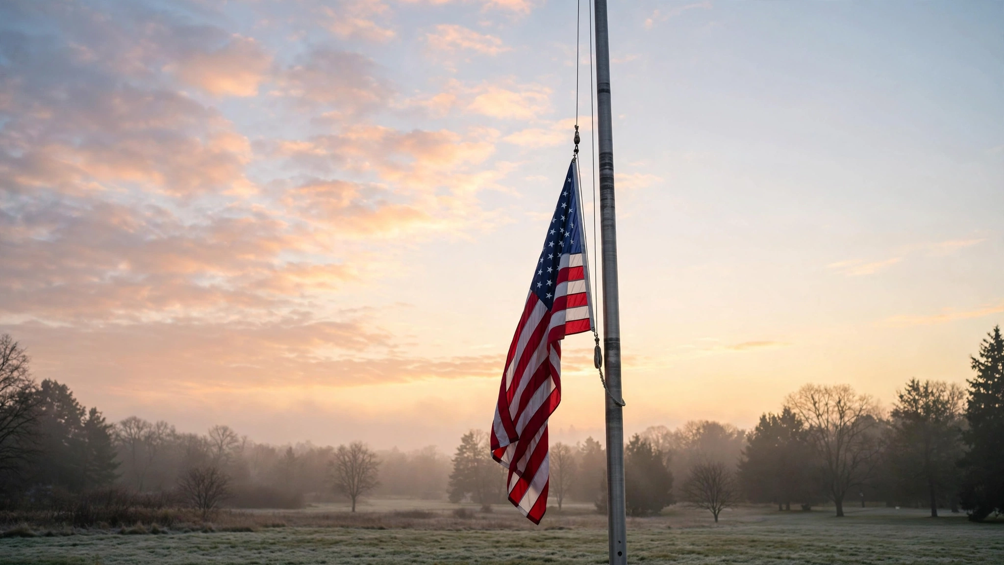 An American flag lowered to half-mast on a tall flagpole against a sunrise sky