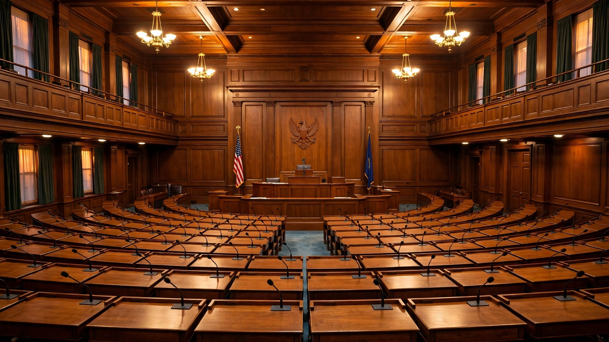 Rows of empty wooden desks with microphones in a wood-paneled state legislature chamber.