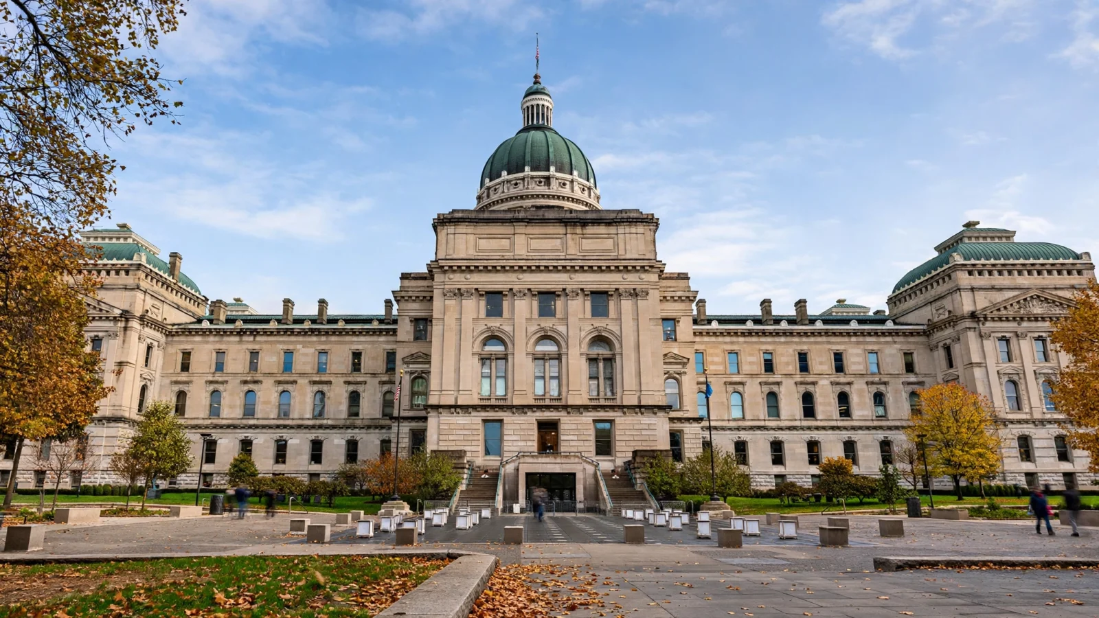 The Indiana Statehouse in Indianapolis on an autumn day, home of the Indiana Senate where Ron Alting served for 28 years.