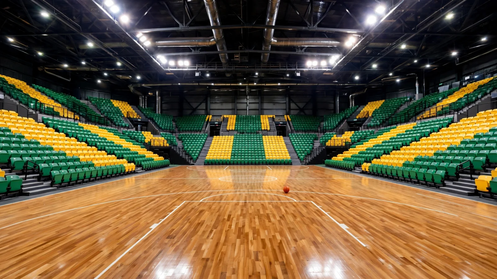 An empty college basketball court with polished wood flooring and green and yellow arena seats under bright lights, with a single basketball near center court