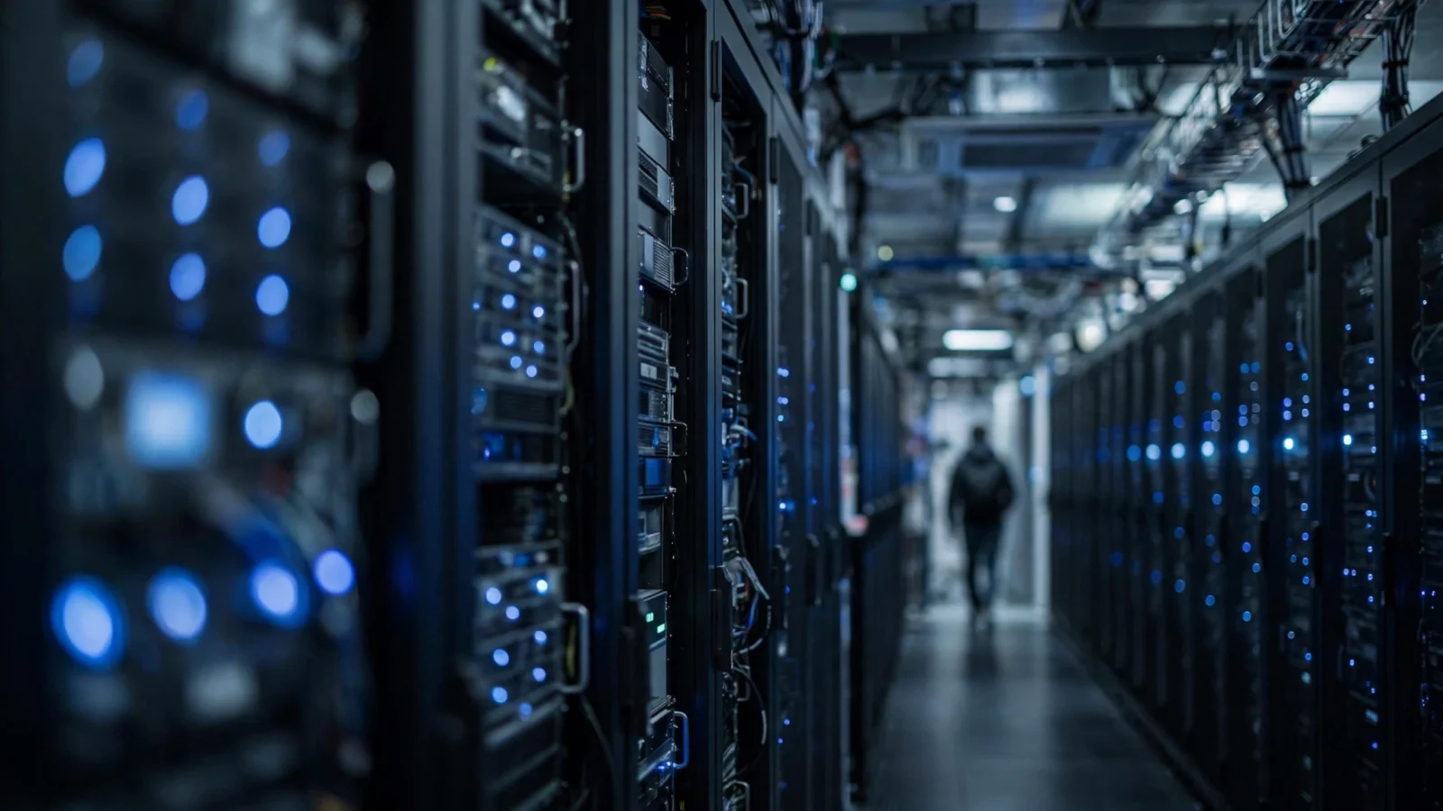 A corridor in a data center lined with dark server racks and small blue indicator lights, with a single blurred figure walking away in the distance.