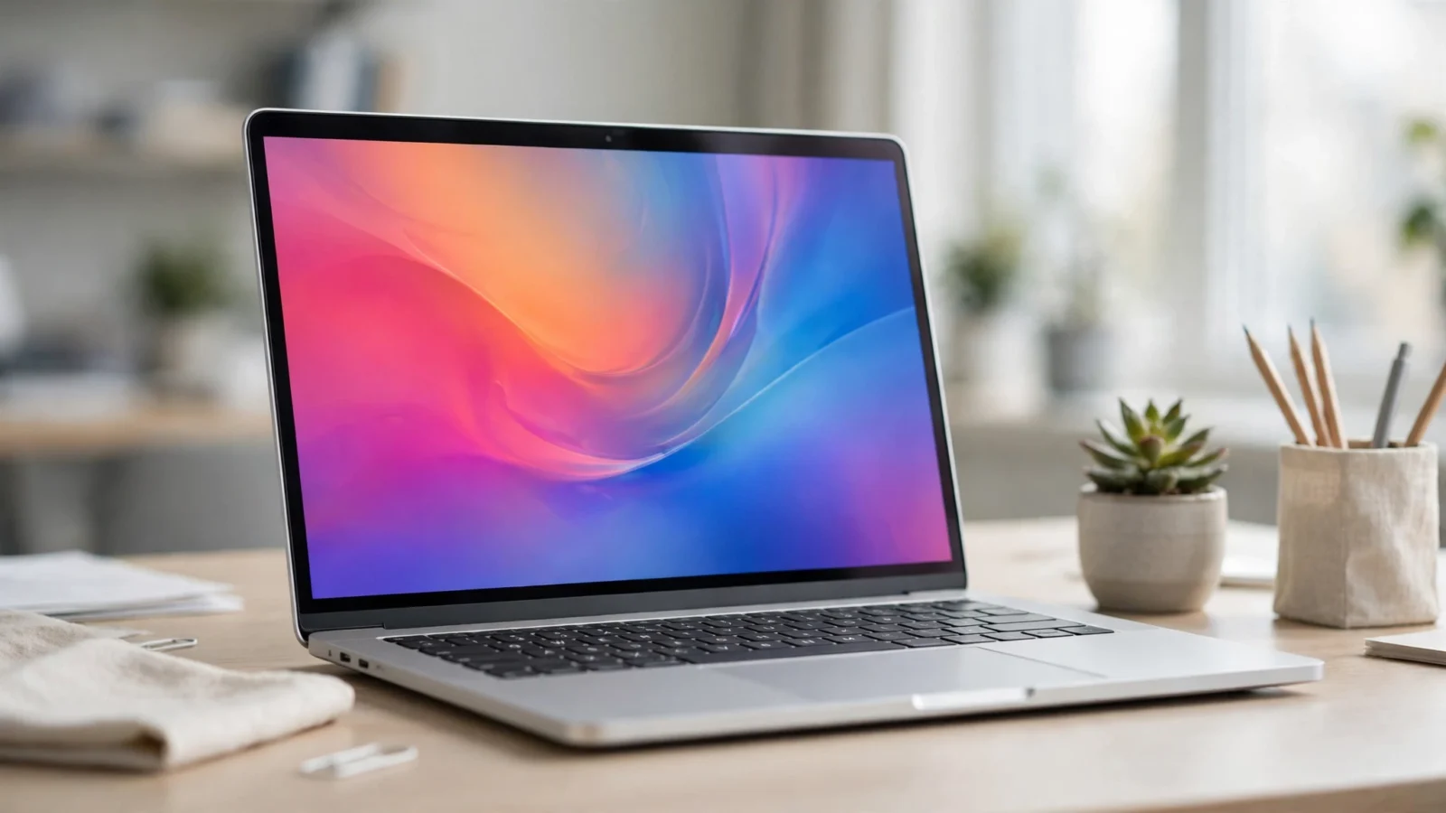 A silver laptop with a colorful abstract screen on a wooden desk beside a small plant and pencils
