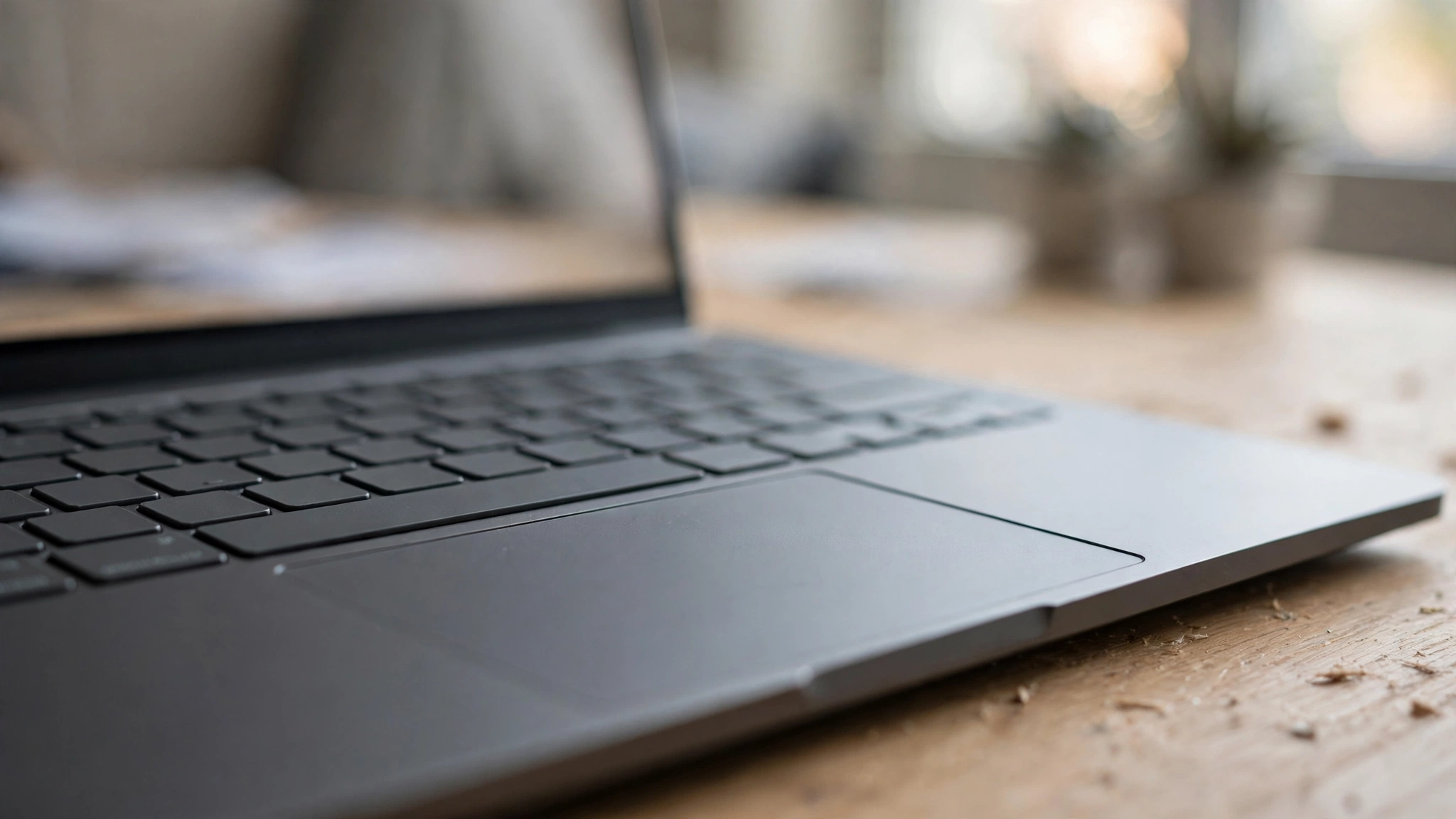 A close-up of a laptop keyboard and trackpad on a wooden desk