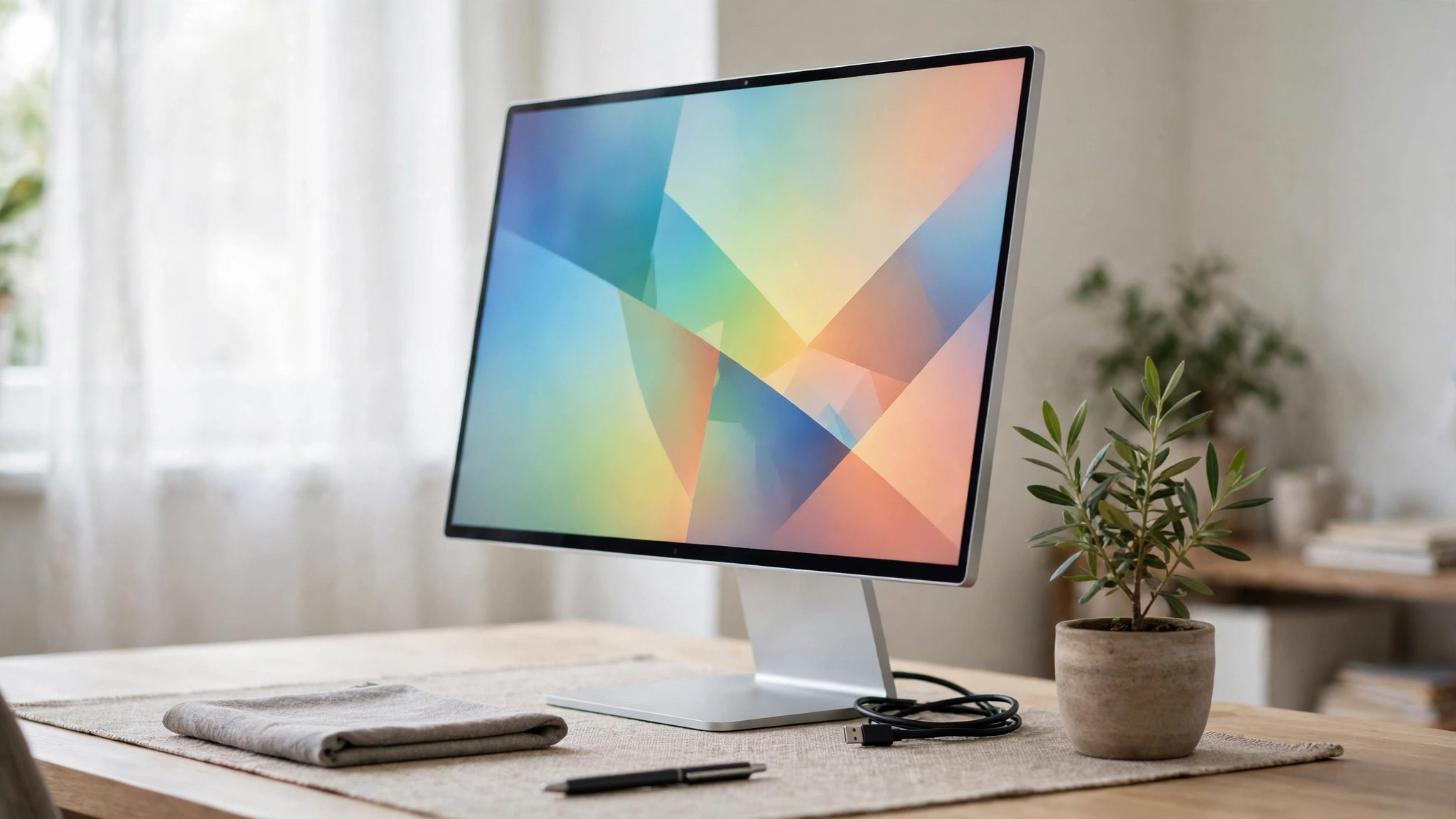 A slim all-in-one desktop computer with a colorful screen on a desk beside a potted plant