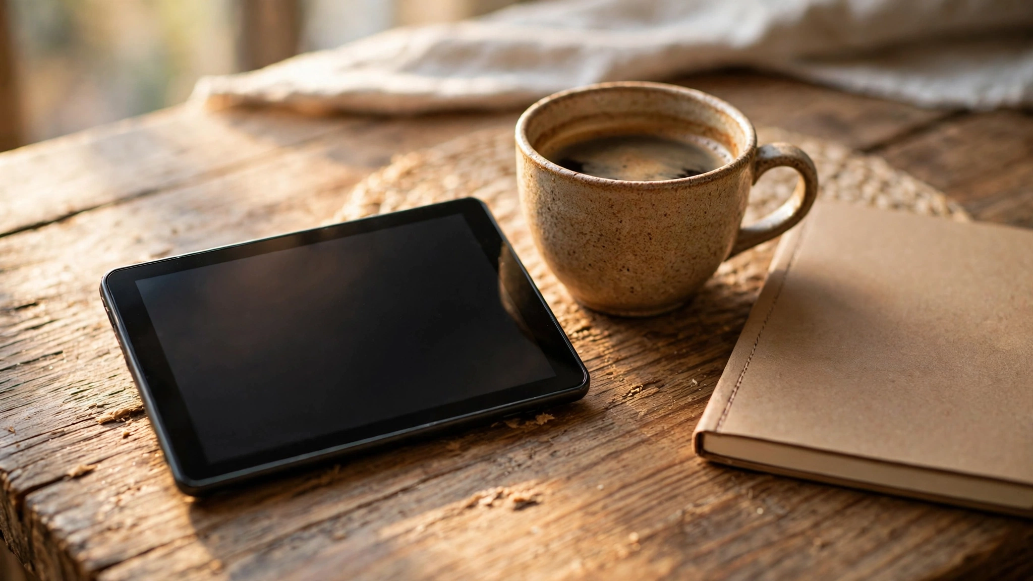 A small tablet with a dark screen on a wooden table next to a cup of coffee and a notebook