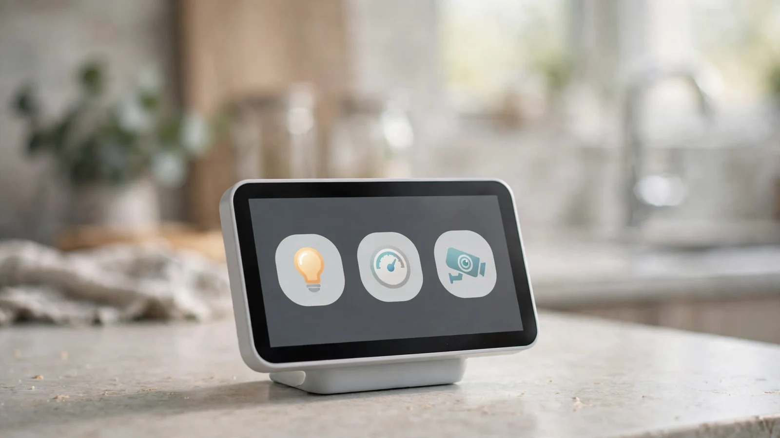 A smart home hub with a touchscreen display showing light, thermostat and camera control icons on a kitchen countertop.