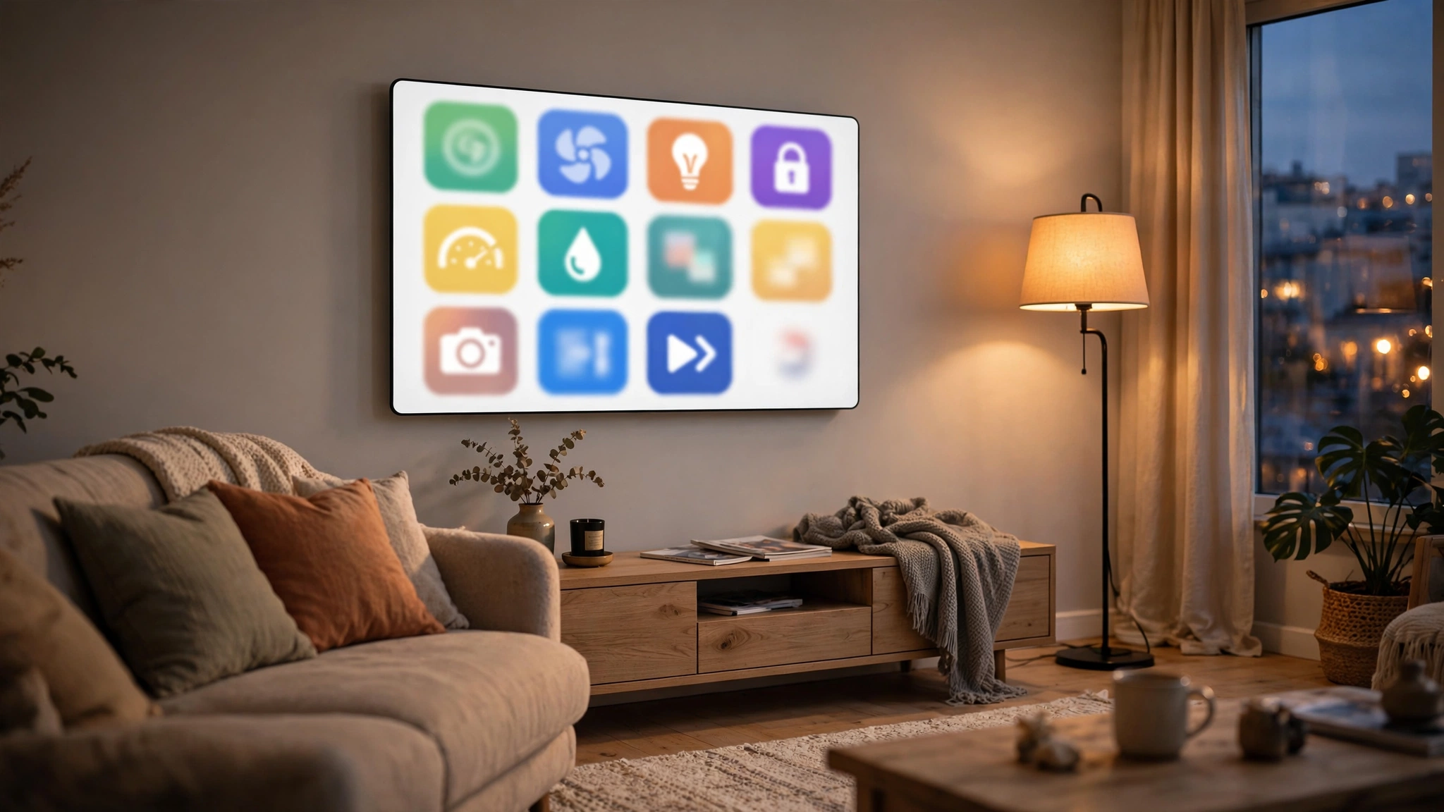 A wall-mounted smart display in a living room showing a grid of colorful smart home control tiles.