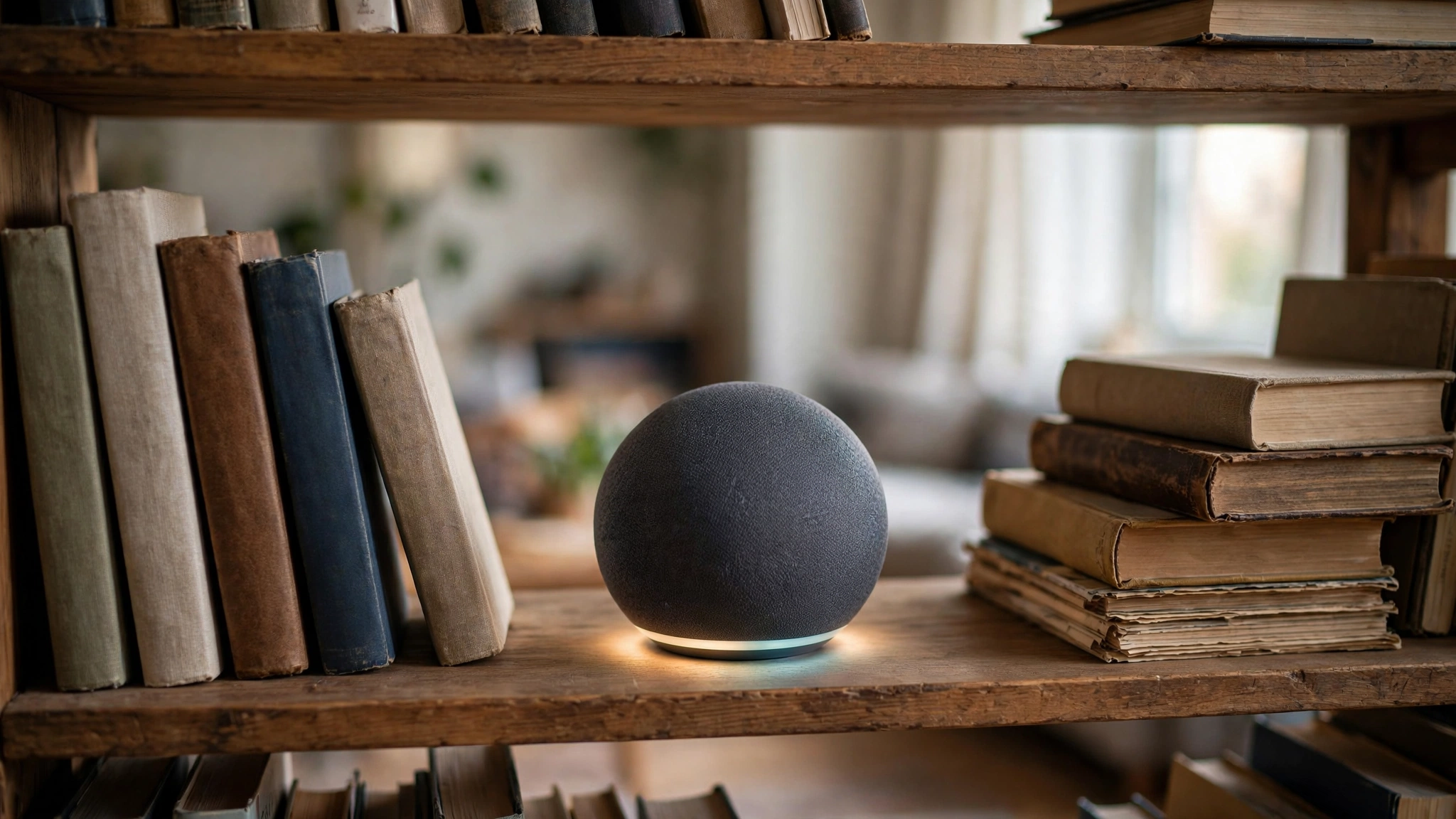 A dark spherical smart speaker with a soft glow around its base on a wooden bookshelf between stacks of books.