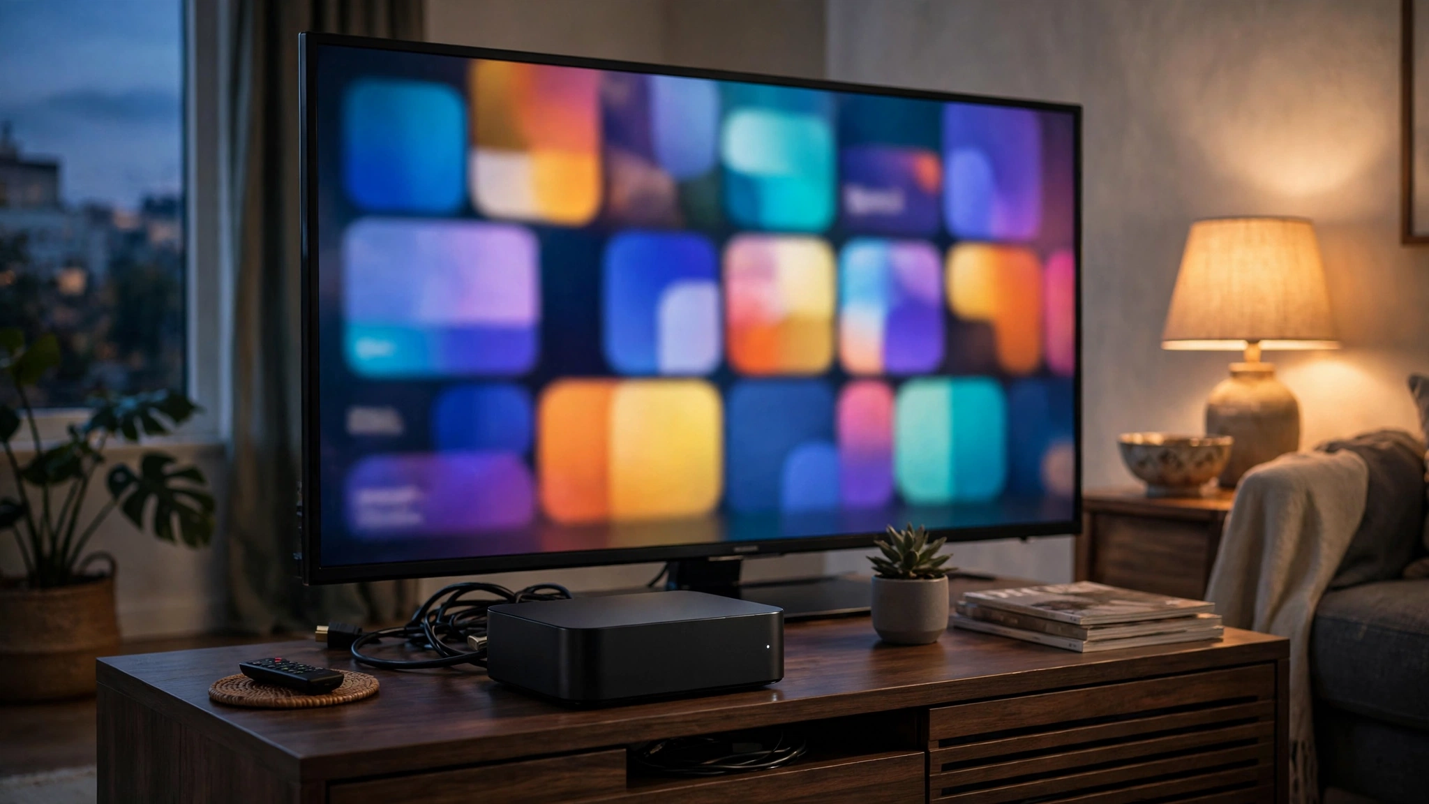 A black streaming box on a TV stand below a television showing a blurred grid of colorful app icons.