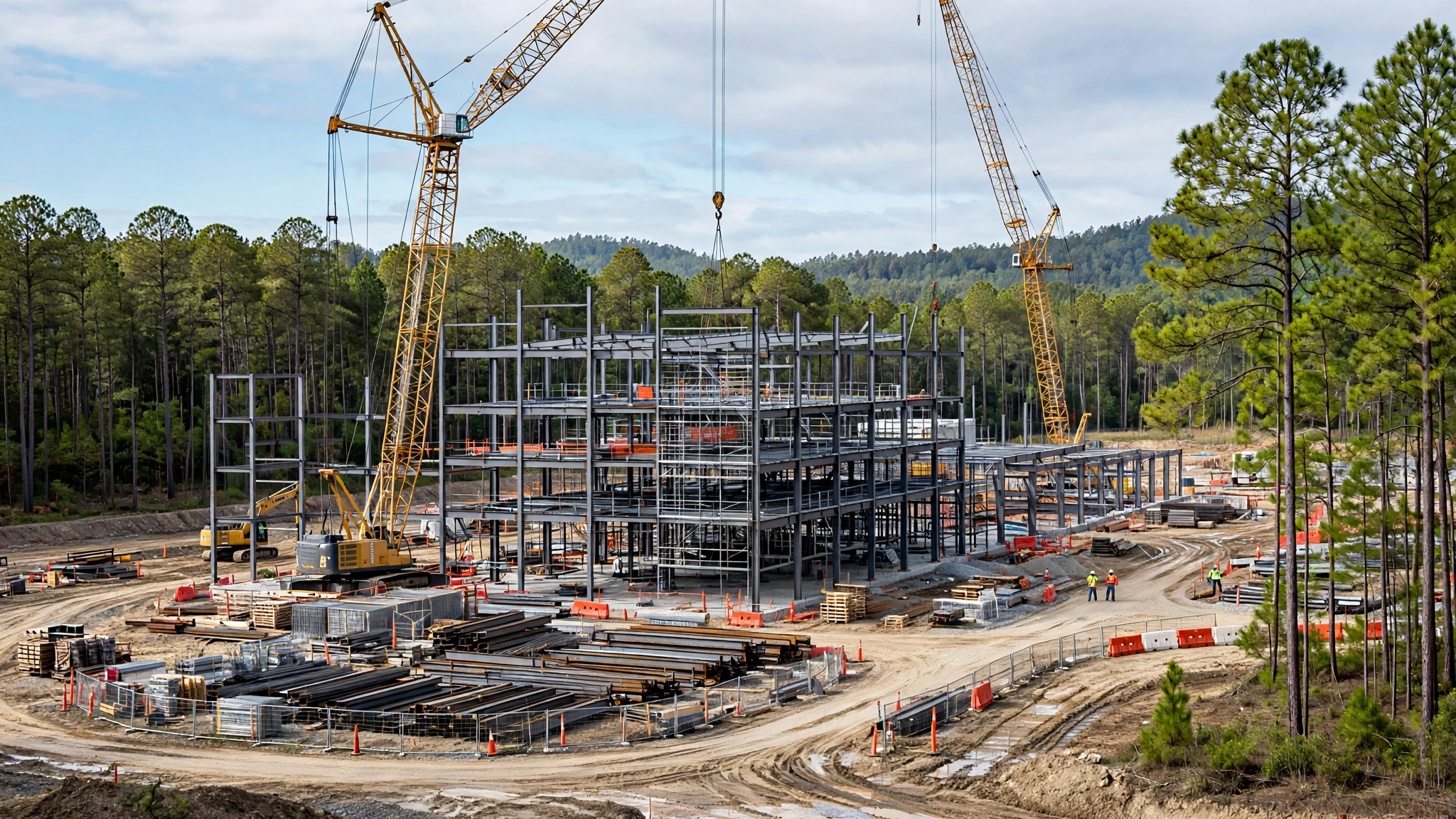 Cranes and a steel frame rising at a large industrial construction site beside pine trees