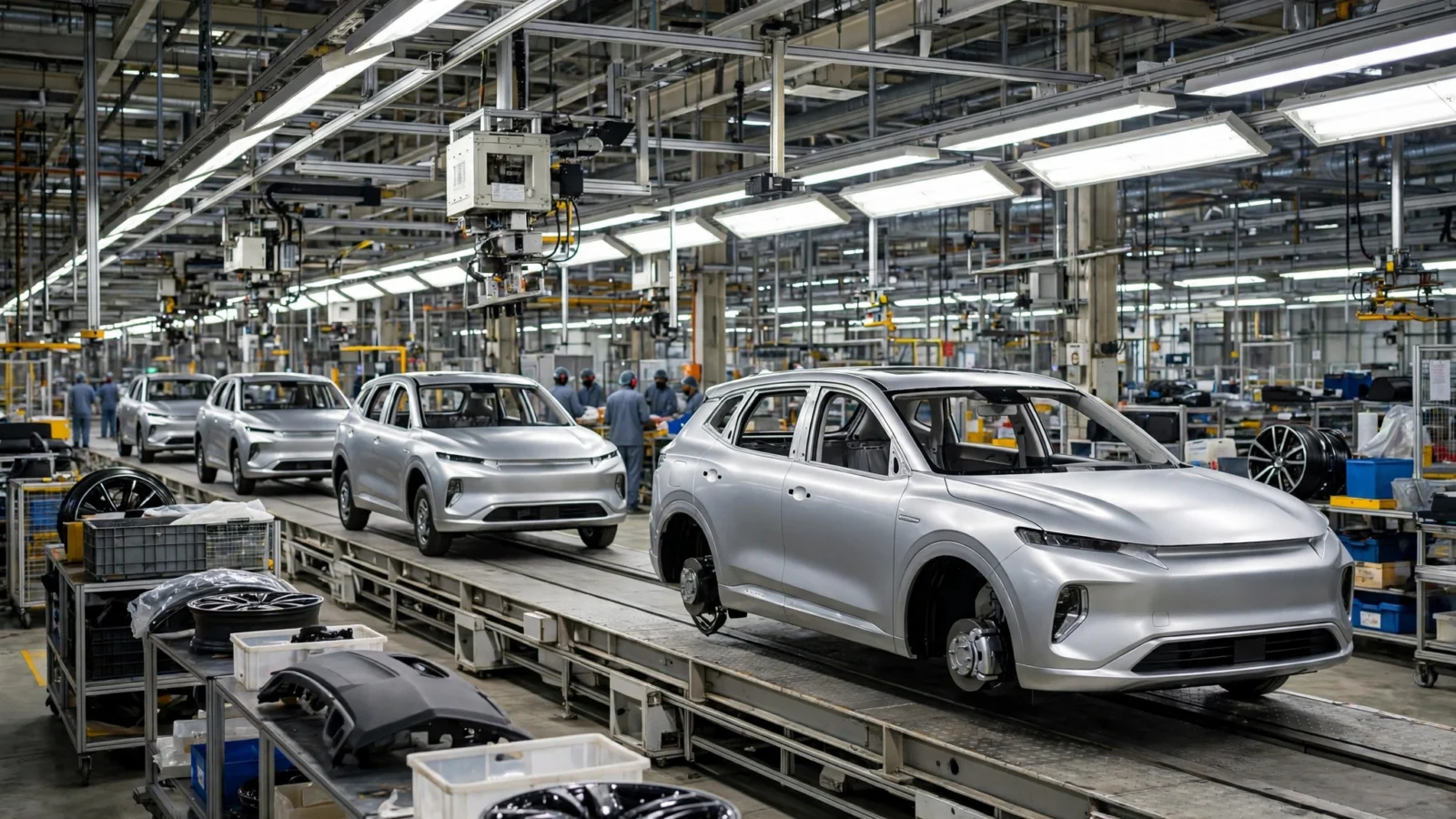 Silver SUVs on an assembly line inside a large car factory