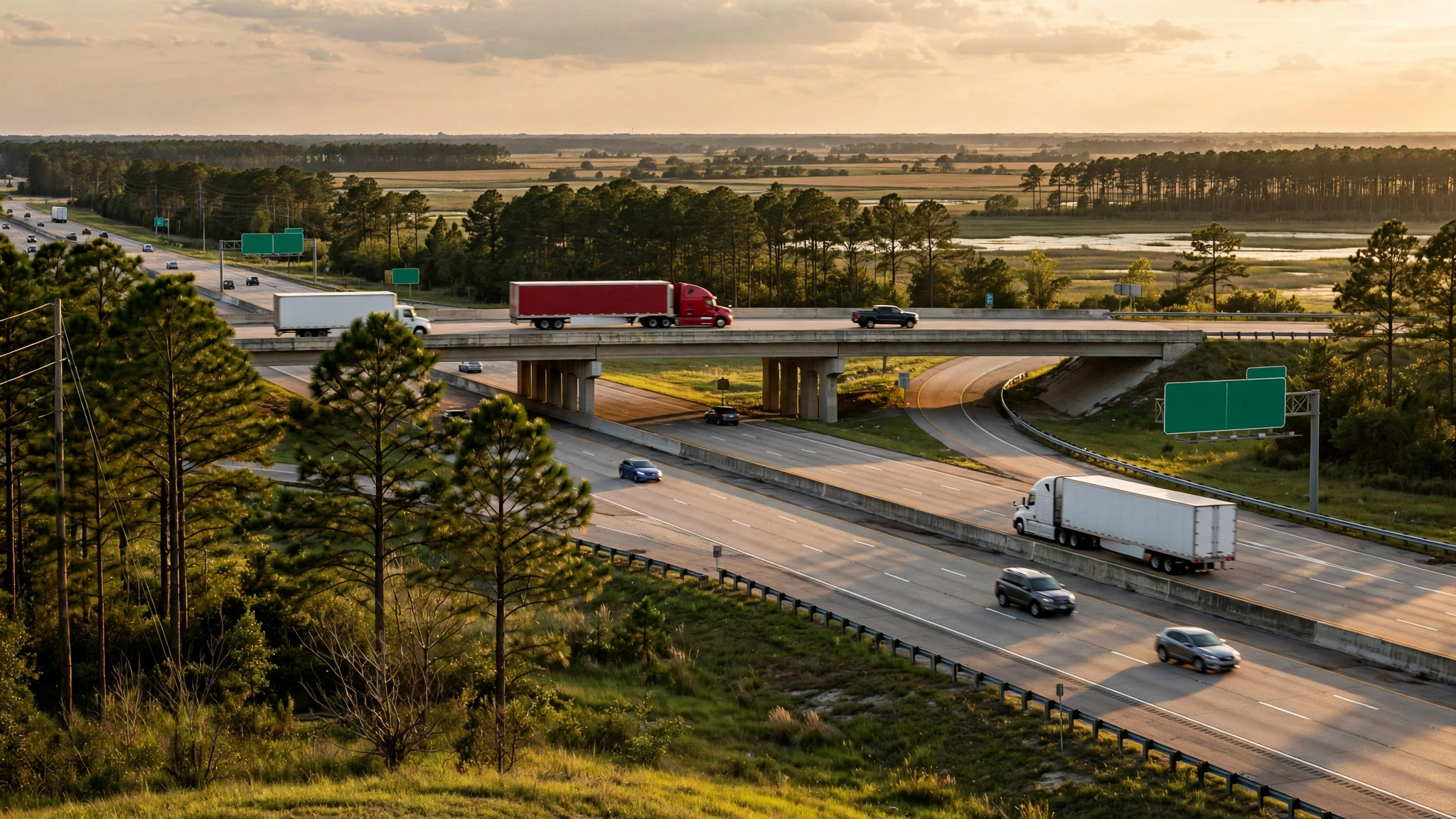 Trucks and cars on a highway interchange through pine forest and flat land