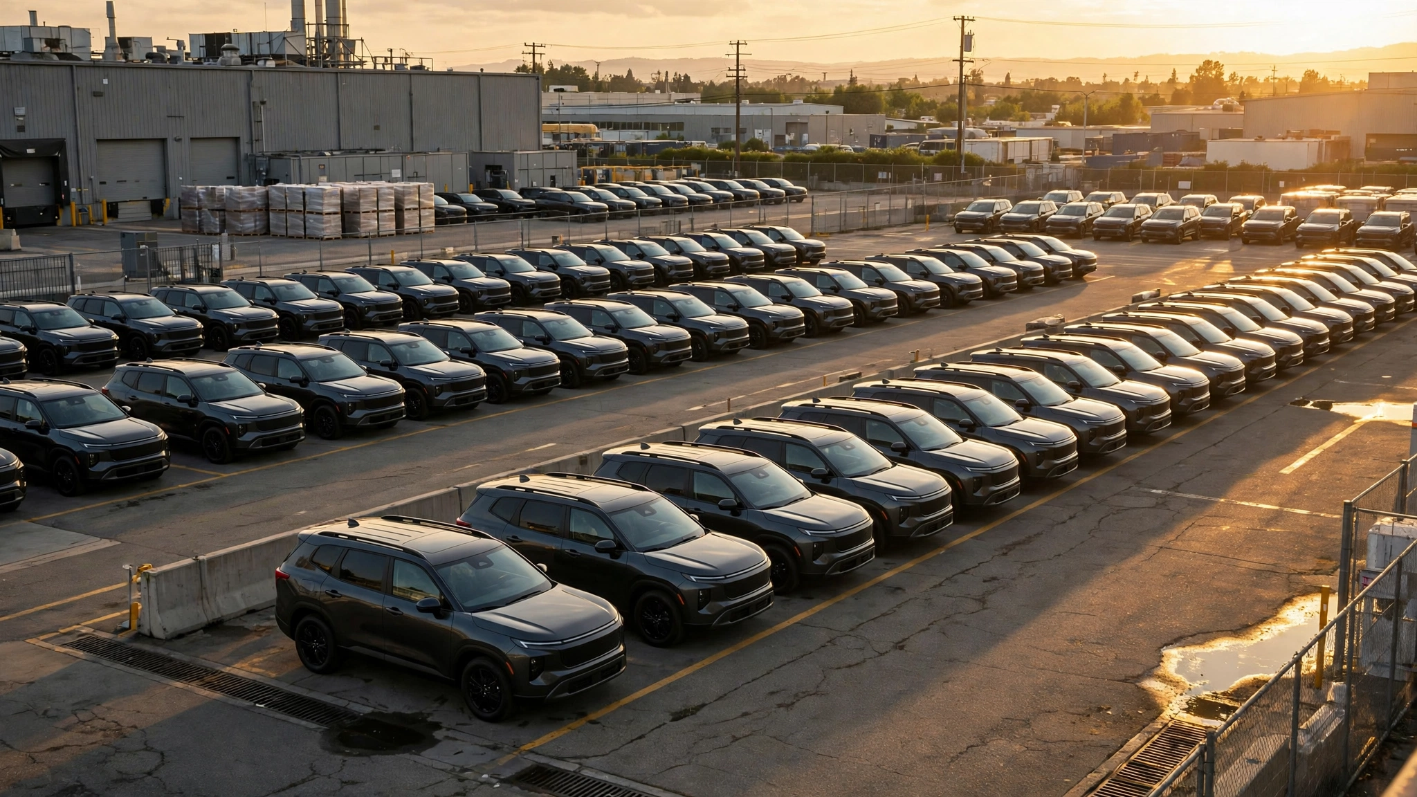 Rows of new dark SUVs parked in a factory delivery lot at sunset