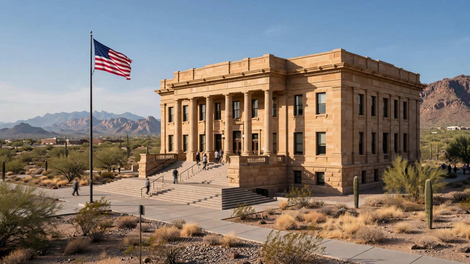 A sandstone courthouse with columns and front steps in a desert landscape, with an American flag flying nearby and mountains in the background.