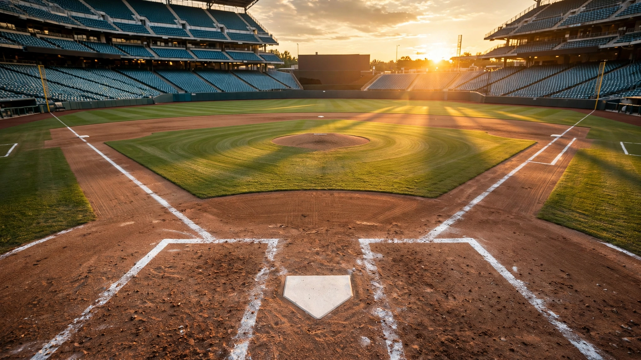 An empty baseball diamond seen from behind home plate at sunset, with empty stadium seats around it.