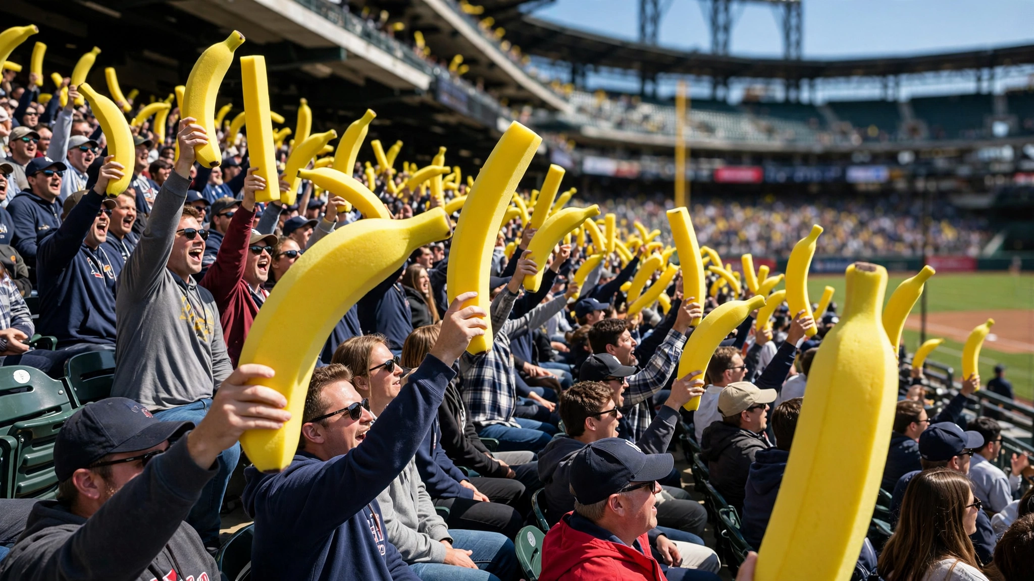 Fans in stadium seats cheering and waving yellow foam bananas at a baseball game.