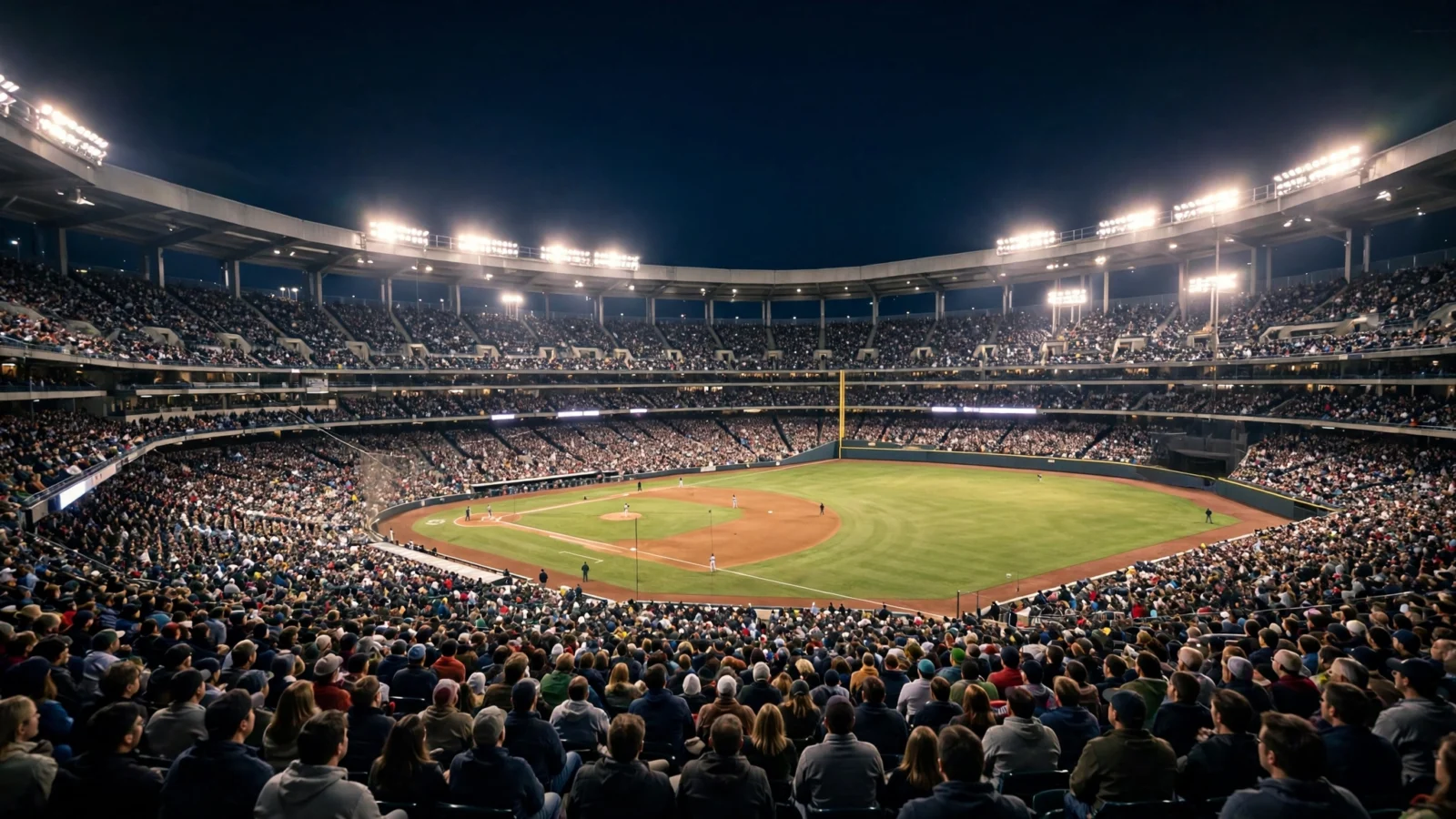 A packed baseball stadium at night under bright stadium lights, with a game underway.