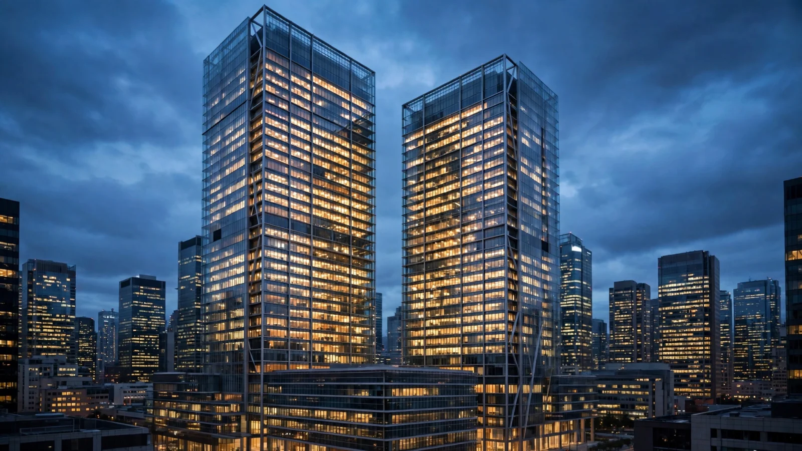 Glass office towers of a financial district lit up at dusk