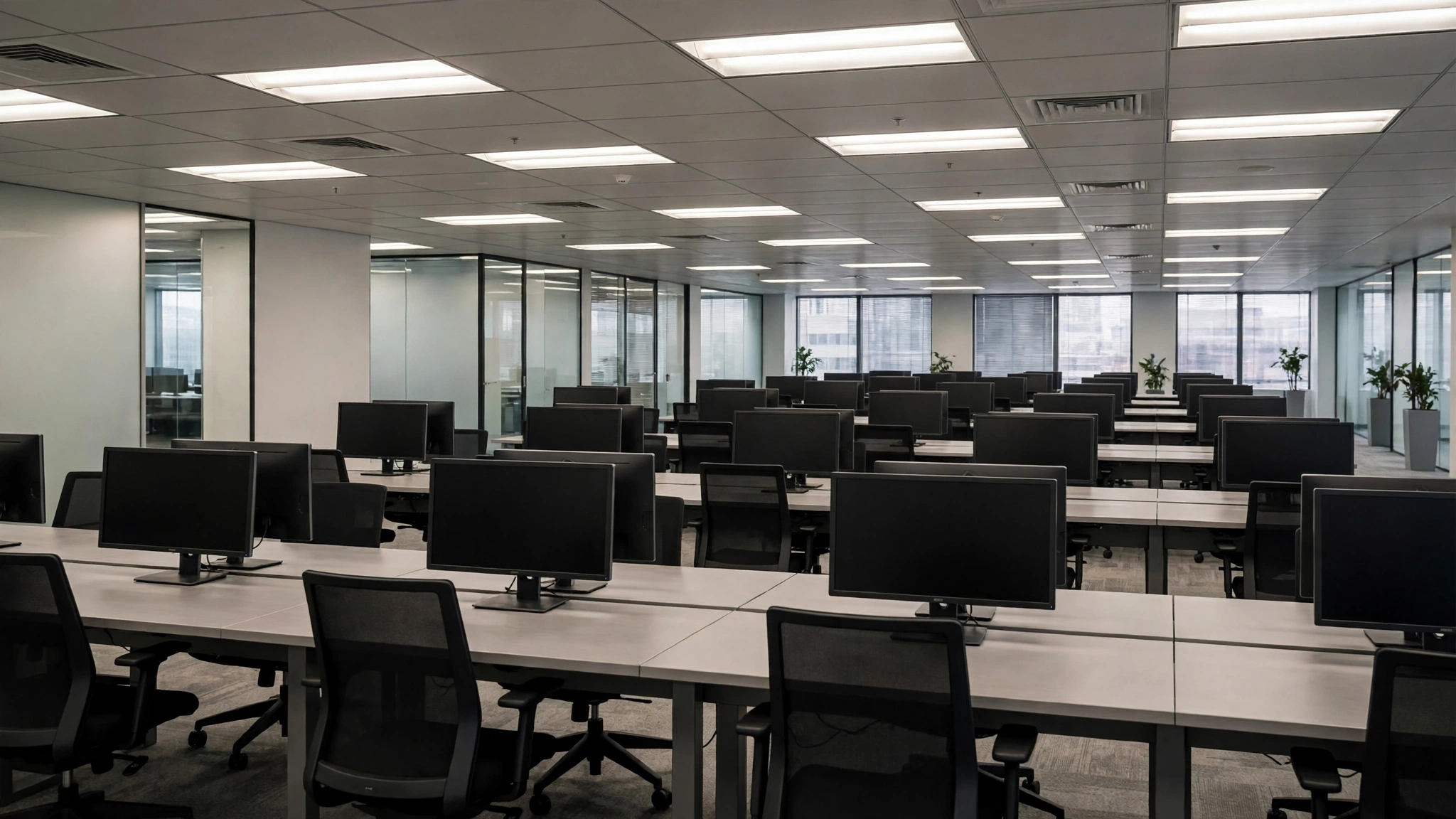 Rows of empty office desks with computer monitors in a corporate office