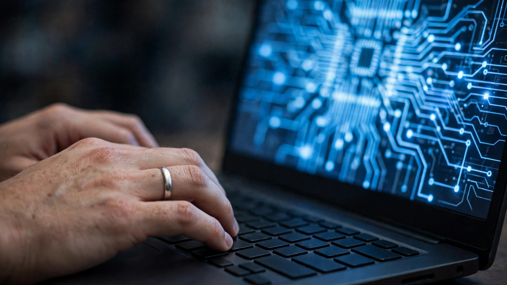 Hands typing on a laptop whose screen shows a blue circuit-board pattern