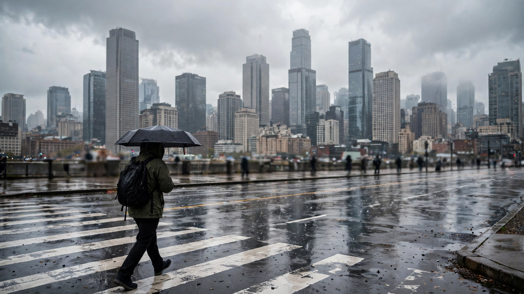 A person with an umbrella crossing a wet street in a financial district under overcast skies