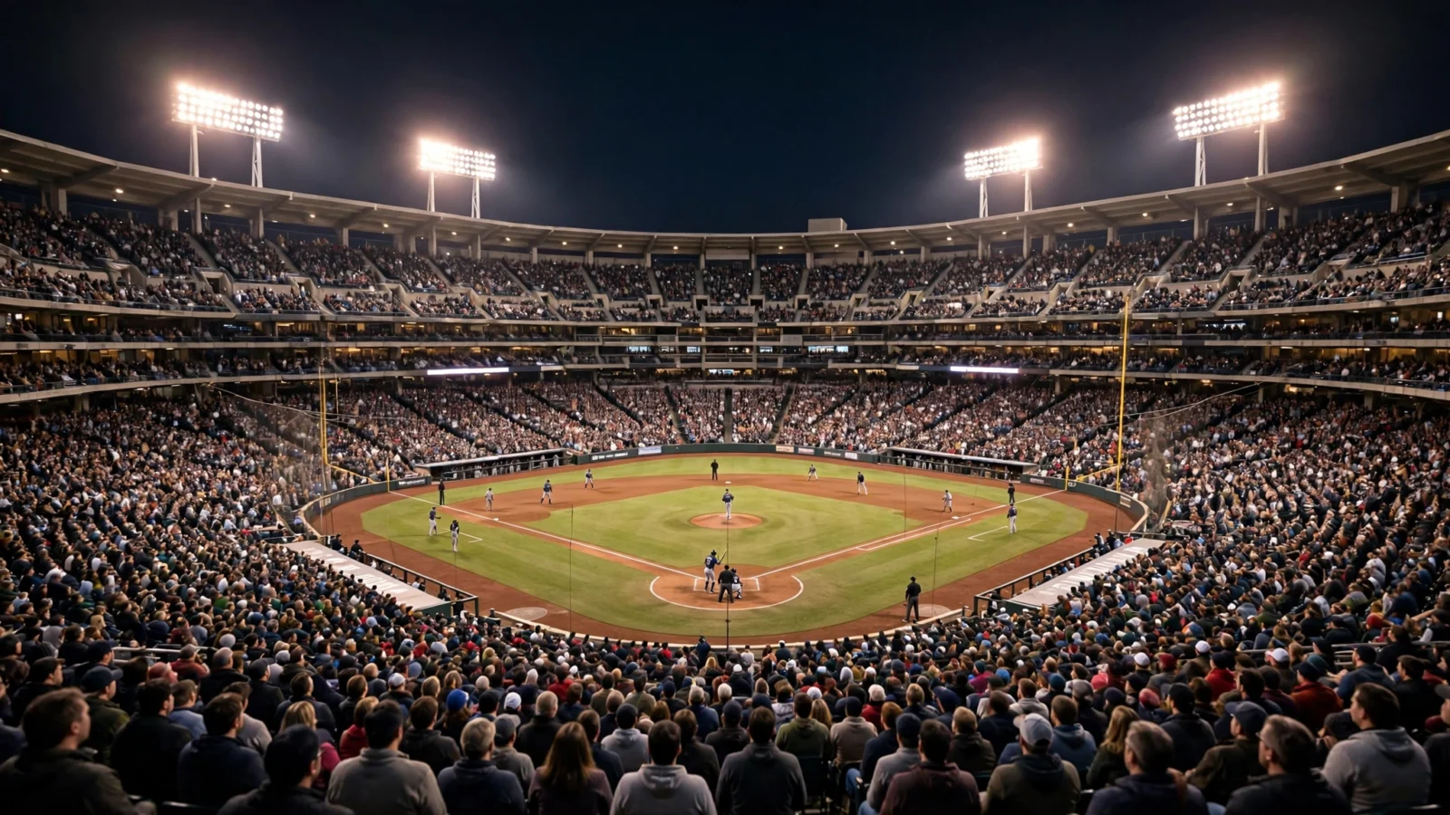 A crowded baseball stadium at night under floodlights during a game
