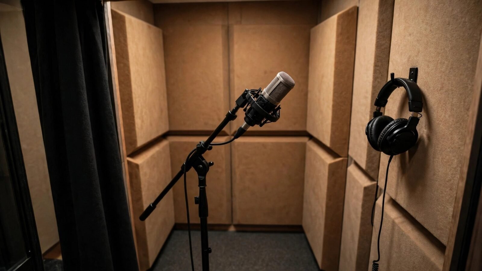 A microphone on a stand and headphones in a recording booth with acoustic panels