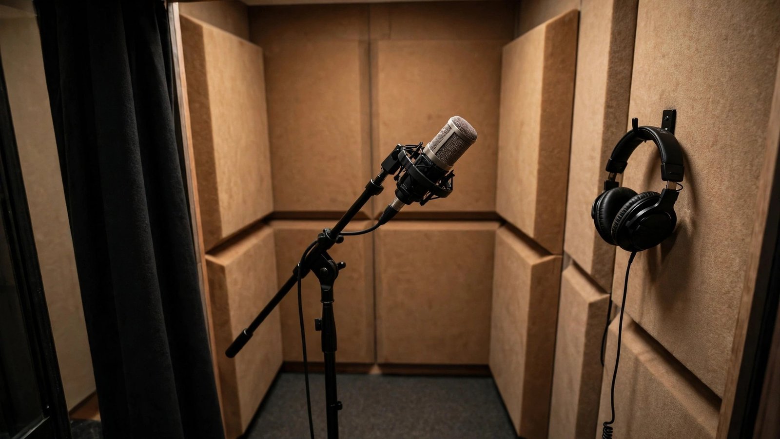 A microphone on a stand and headphones in a recording booth with acoustic panels