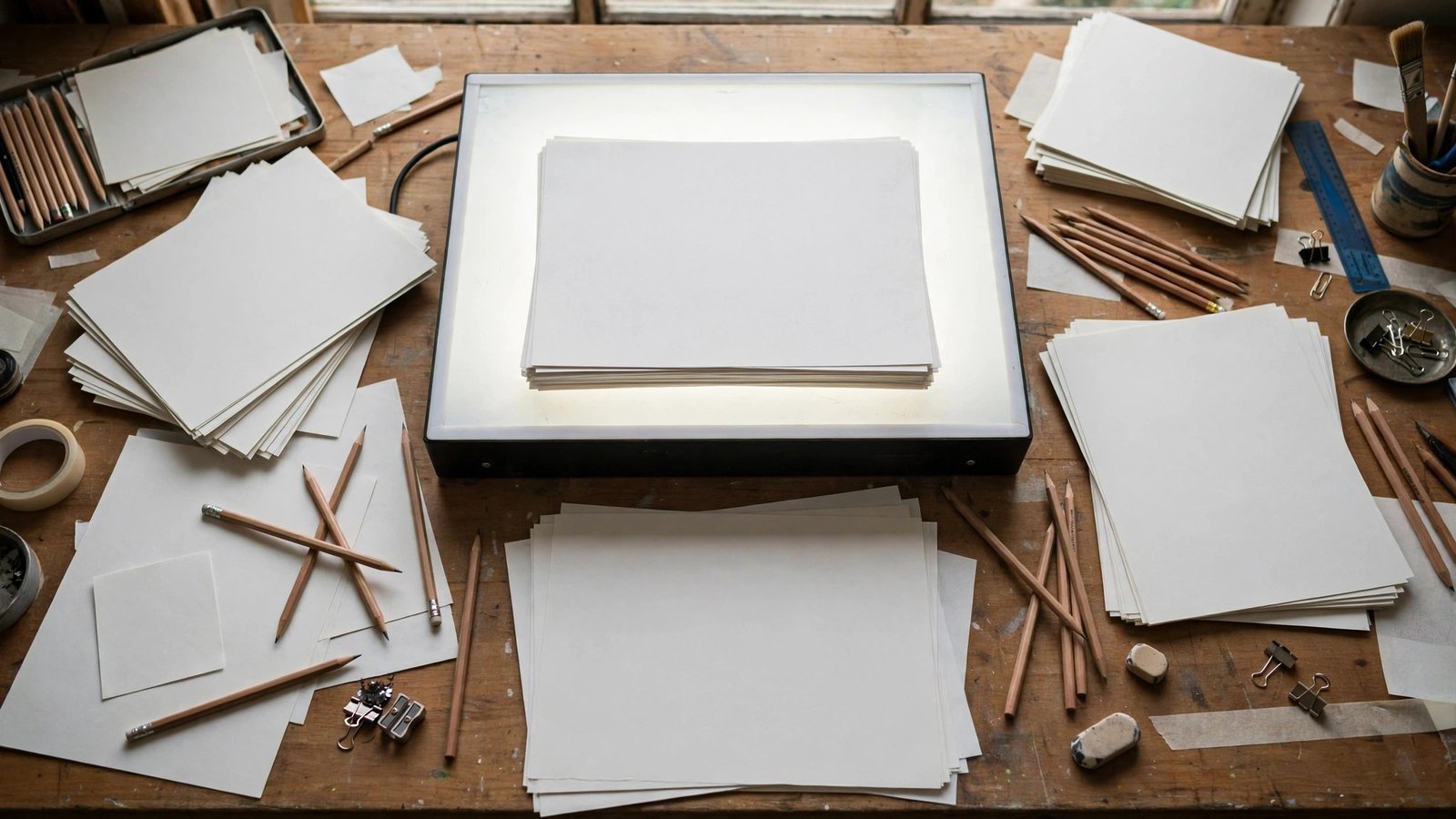 An animation desk with blank paper sheets, pencils and a lightbox