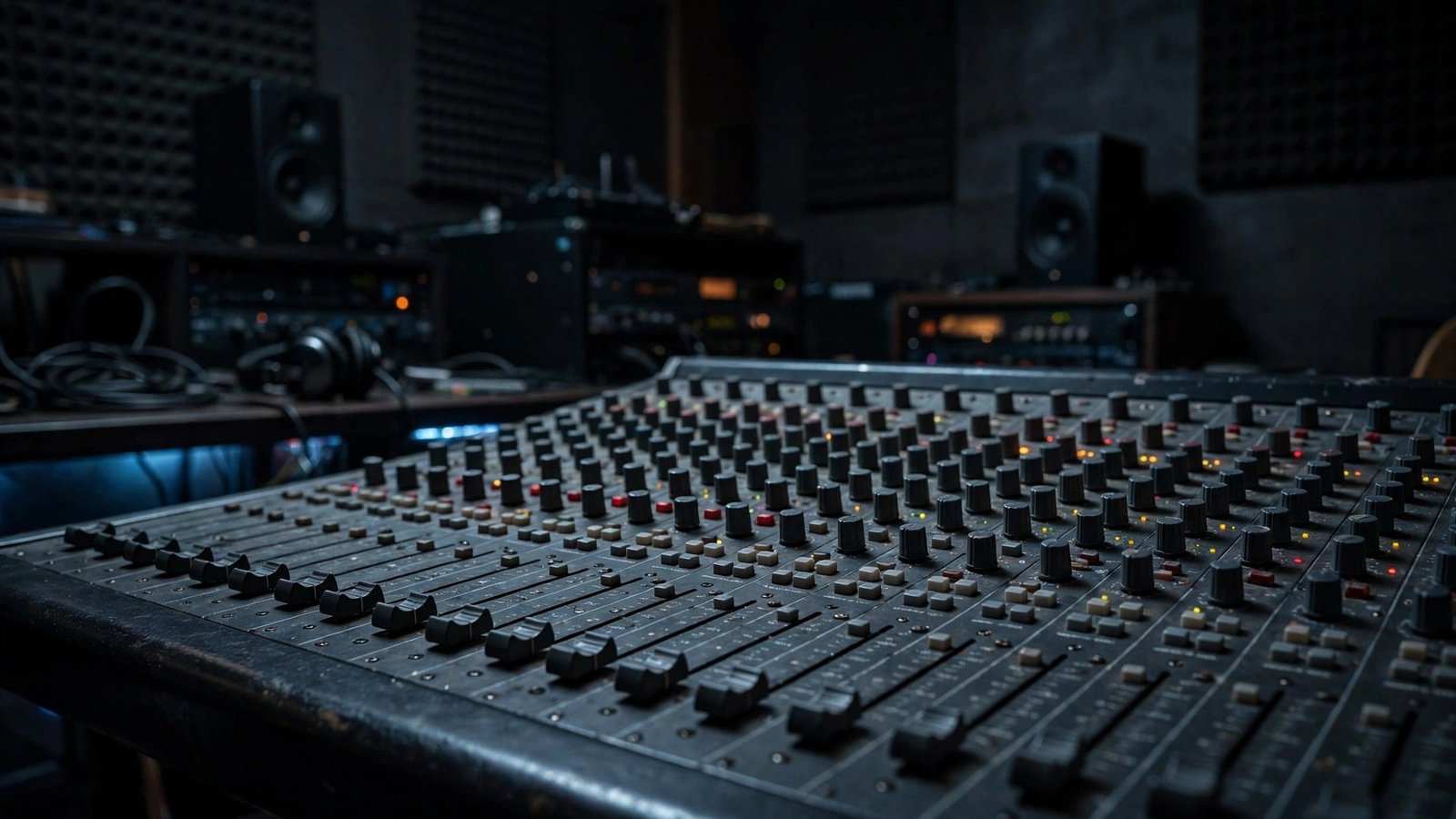 A sound mixing console with faders and dials in a studio control room