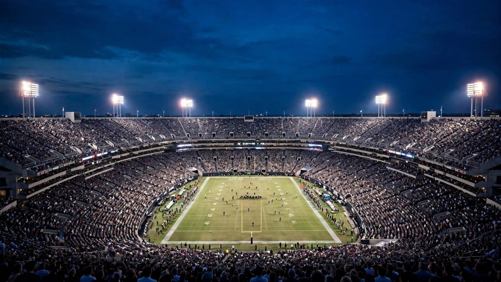 A packed professional football stadium at night with players on the field and a full crowd in the stands under floodlights