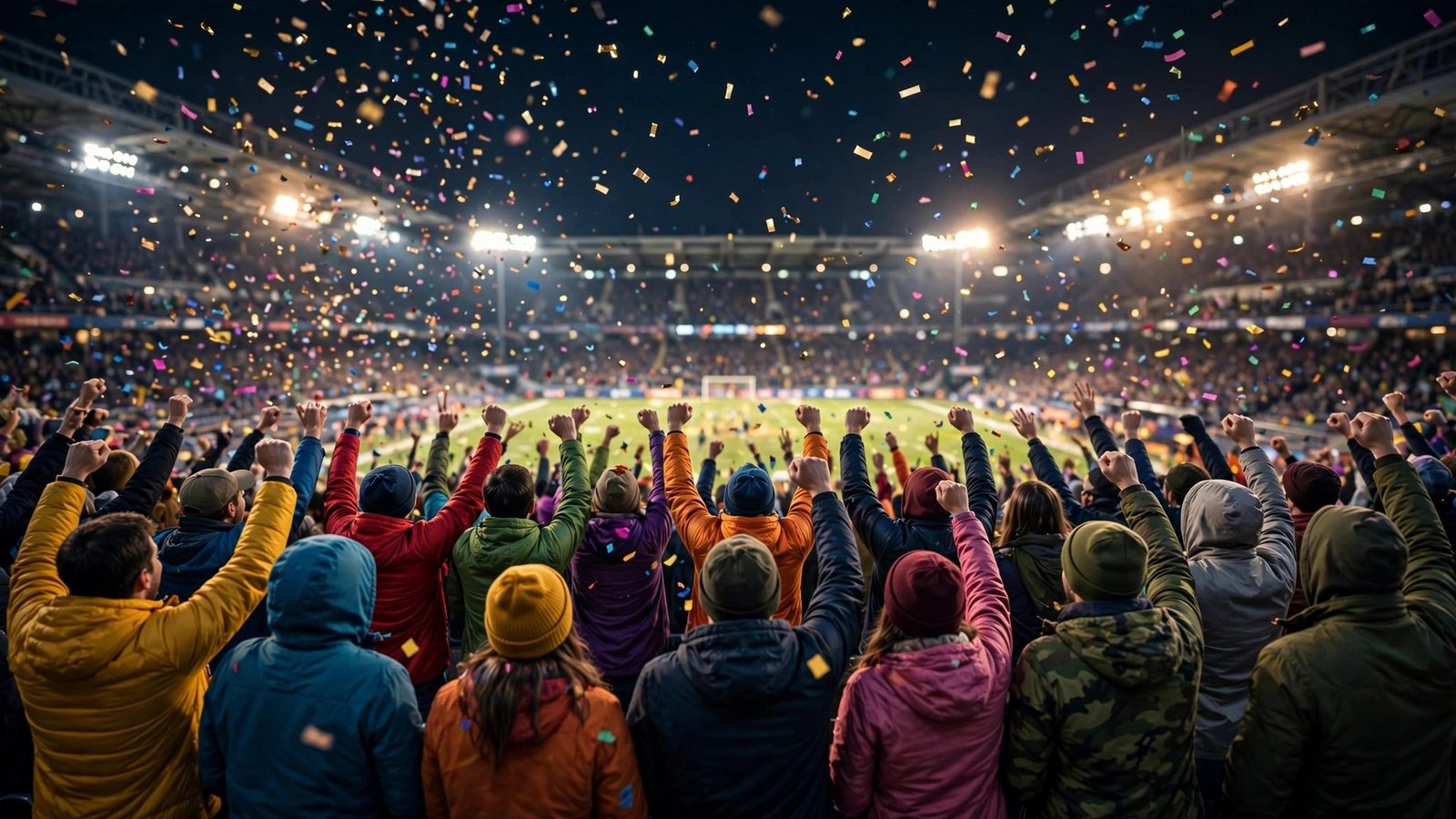 Fans in stadium stands at night with raised arms and confetti falling