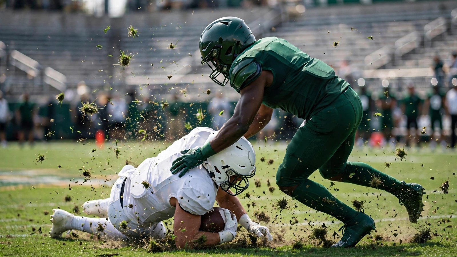 A defensive player in a dark green uniform tackling a quarterback in a white uniform on the field