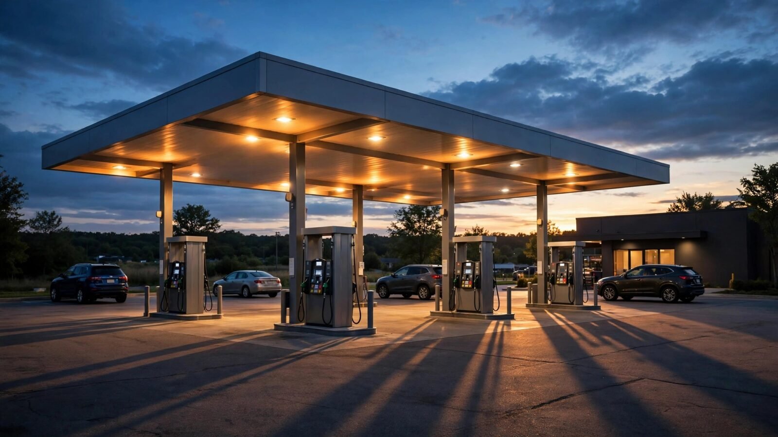 A gas station at dusk with fuel pumps and parked cars under a lit canopy