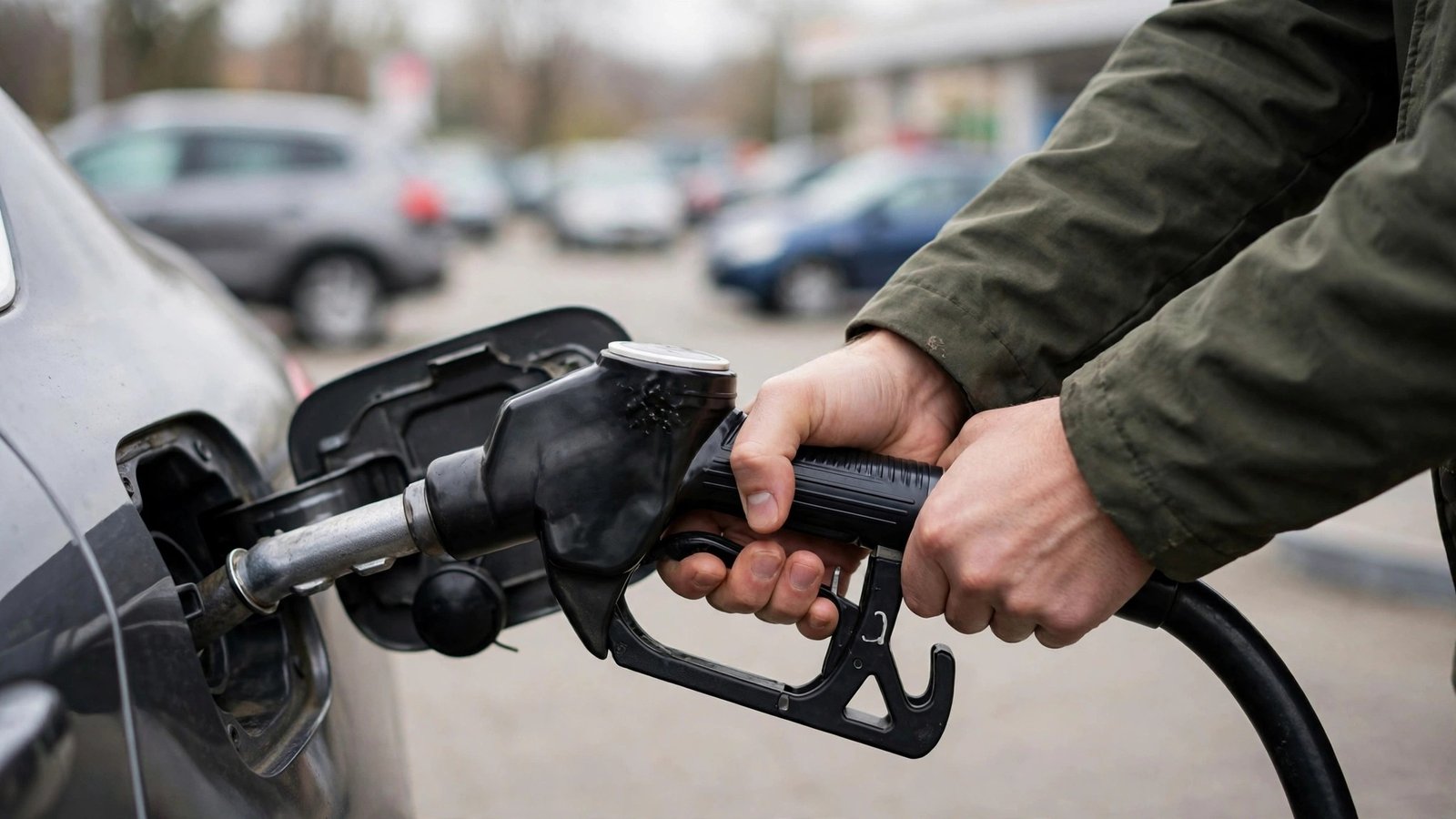 A person's hands holding a fuel pump nozzle at a car fuel filler
